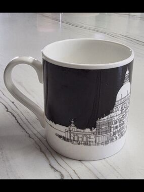 White Ceramic Coffee Mug with Black Cityscape Design